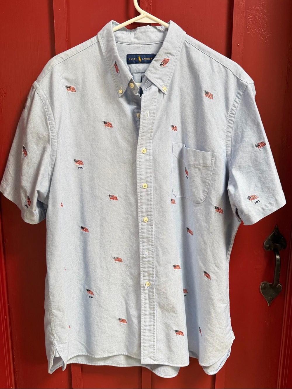 Ralph Lauren Light Blue Short-Sleeve Button-Down Shirt with Flag Embroidery